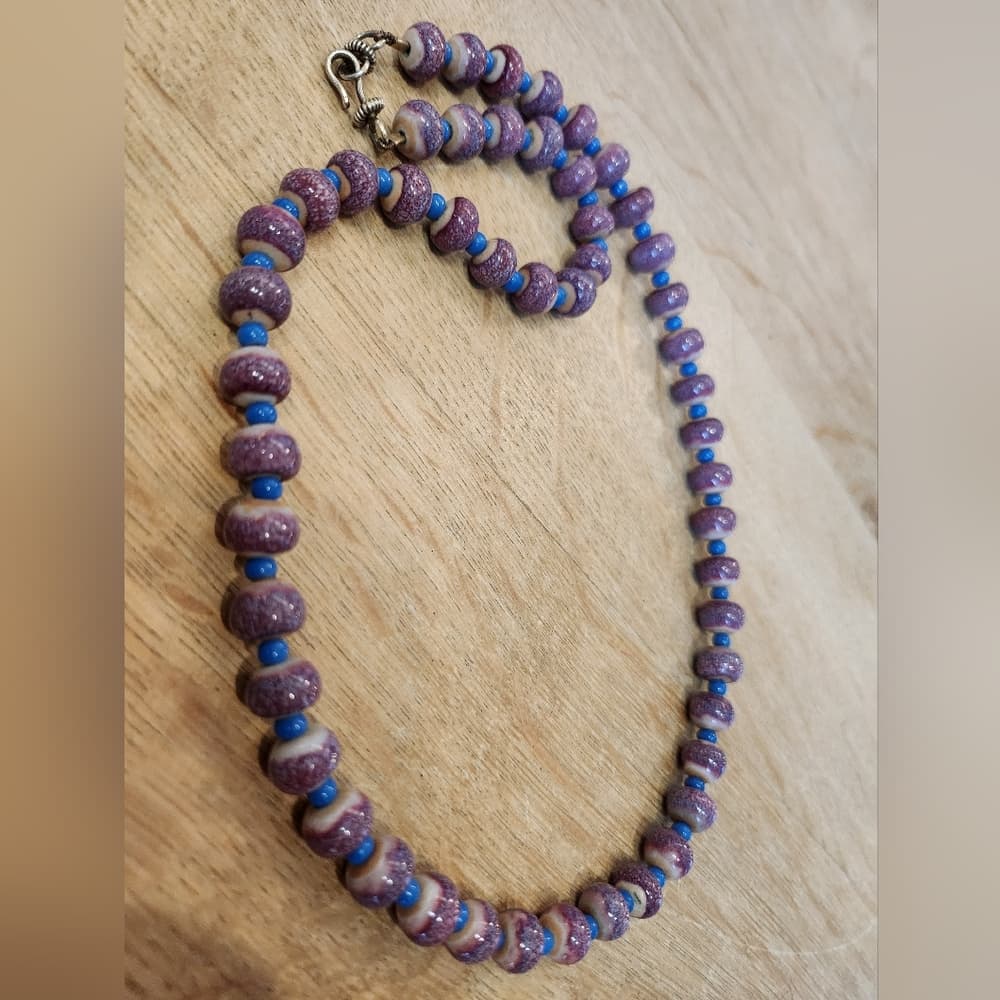 Purple and Blue Round Ceramic Beaded Necklace - Thumbnail 3