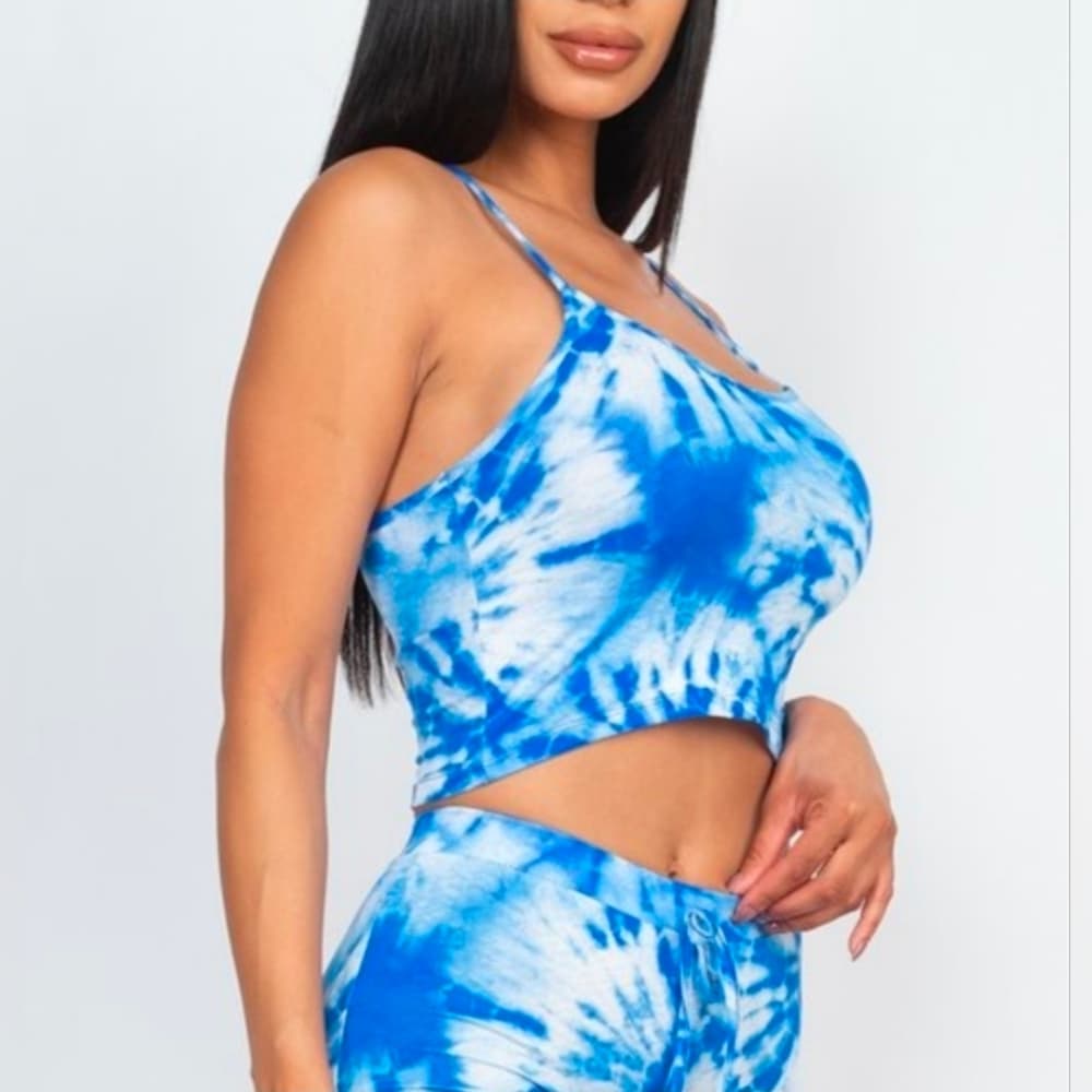 2 Piece Pink And Blue Tie-Dye Crop Top and Shorts Set - Thumbnail 2