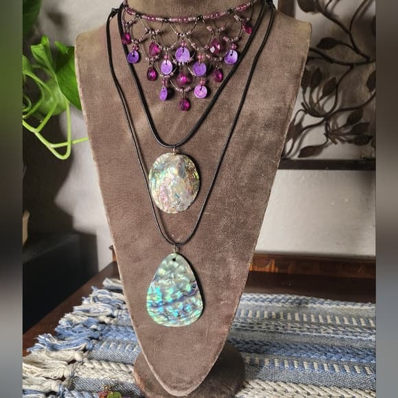 Purple Wire Chandelier Choker And Abalone Shell Pendant Necklace Mermaid Stack - Thumbnail 9