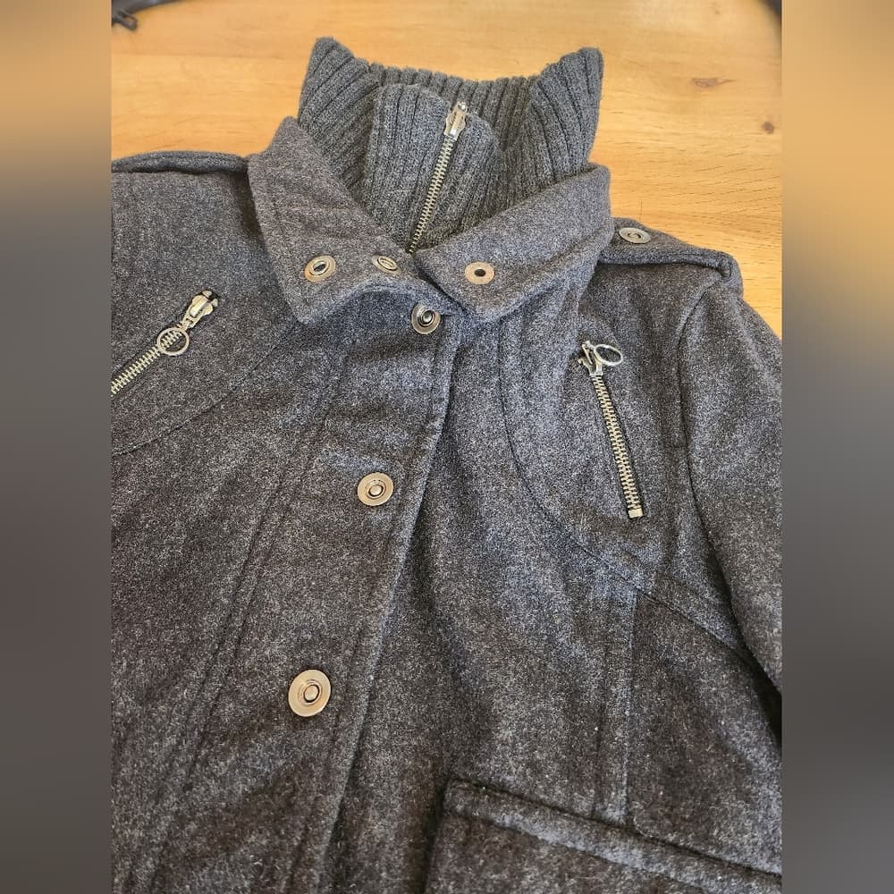Express Thick Gray Wool Utility Military Style Jacket Zip Up With Stand Collar - Thumbnail 14