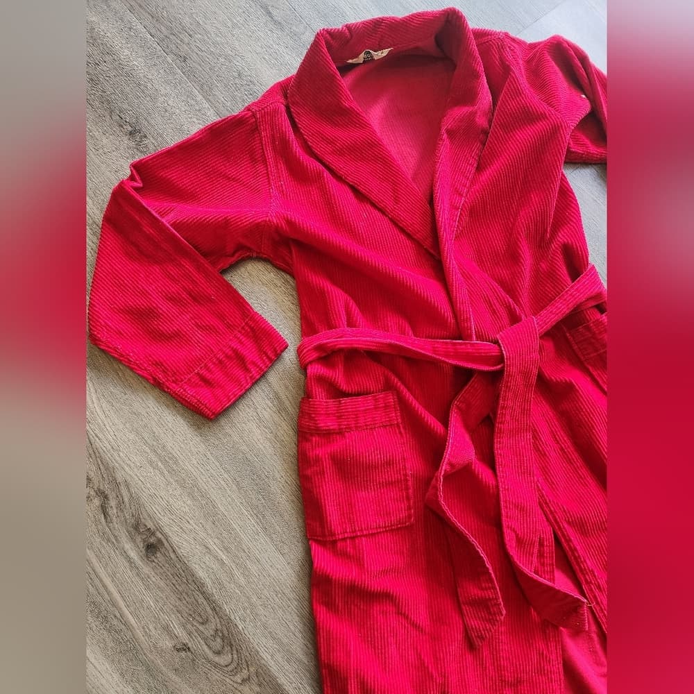 Vintage A Laddie Robe Red Corduroy House Robe with Belt Pockets 1970s