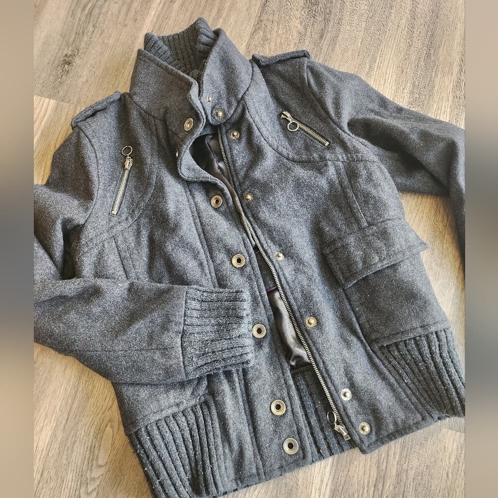 Express Thick Gray Wool Utility Military Style Jacket Zip Up With Stand Collar - Thumbnail 2