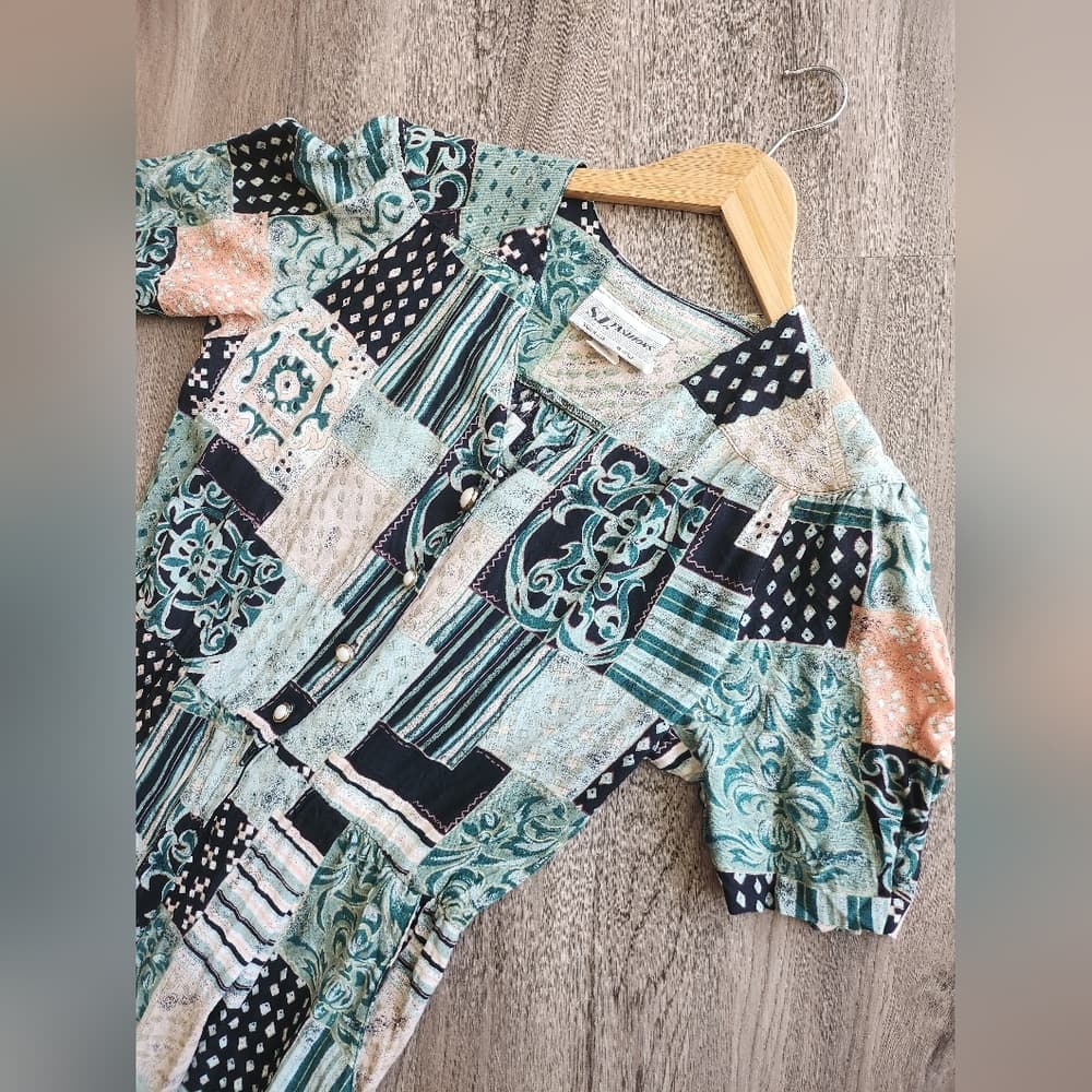S.L. Fashions Vintage Multicolor Patchwork Patterned Romper Dress