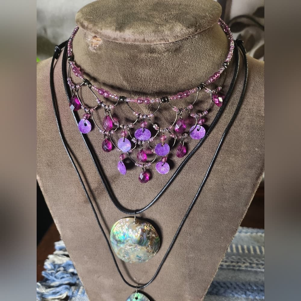 Purple Wire Chandelier Choker And Abalone Shell Pendant Necklace Mermaid Stack - Thumbnail 2