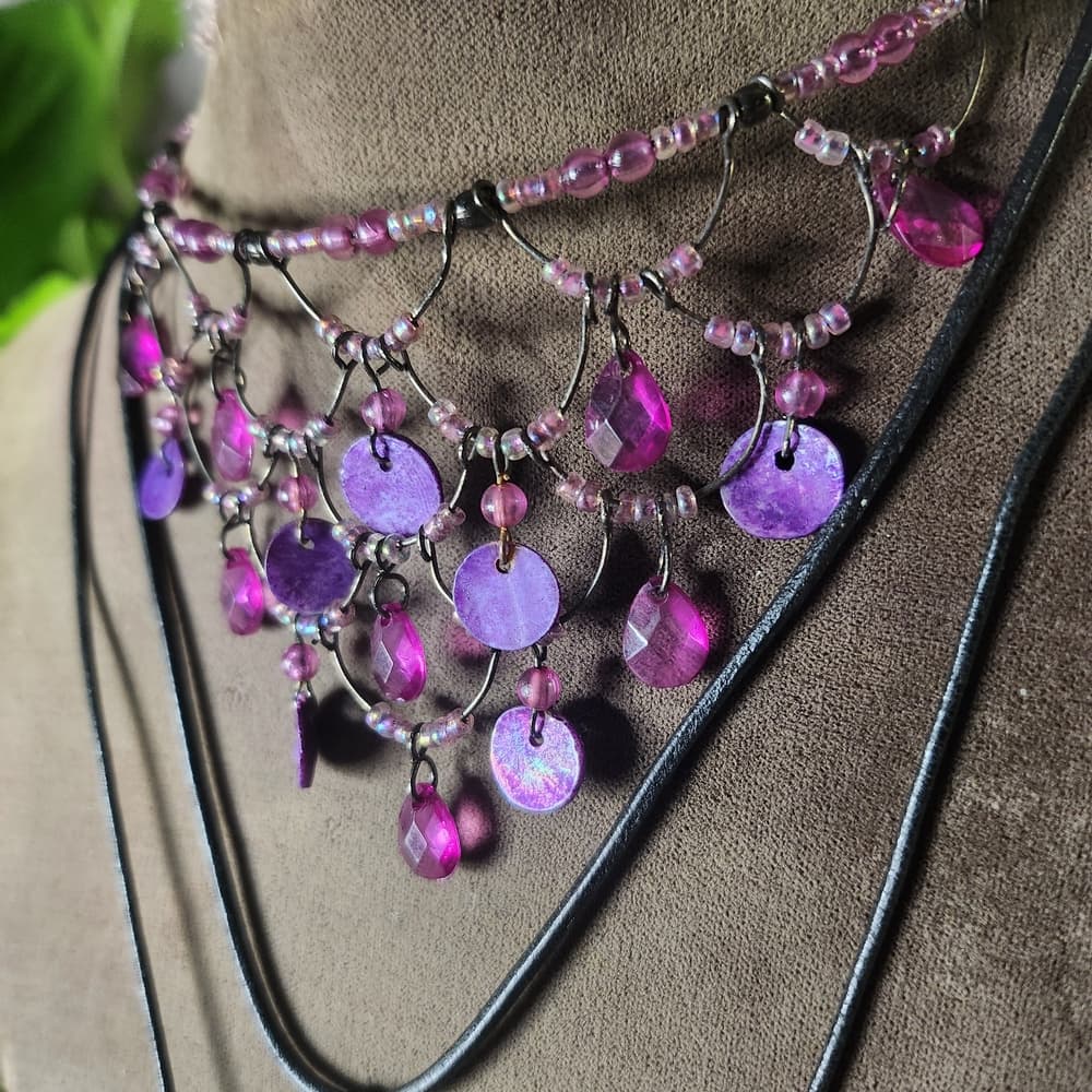 Purple Wire Chandelier Choker And Abalone Shell Pendant Necklace Mermaid Stack - Thumbnail 5