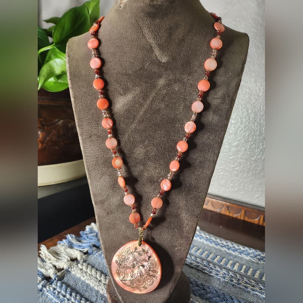Vintage Coral Pink And Gold Etched Floral Pendant Statement Necklace - Thumbnail 3