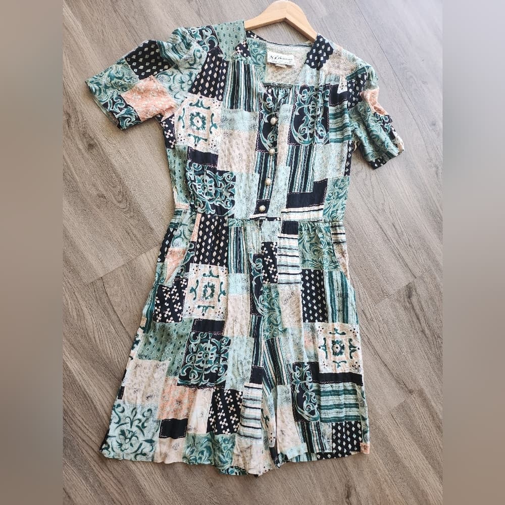 S.L. Fashions Vintage Multicolor Patchwork Patterned Romper Dress - Thumbnail 14