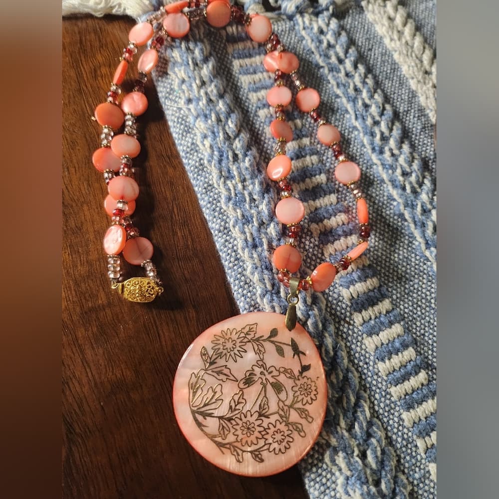 Vintage Coral Pink And Gold Etched Floral Pendant Statement Necklace - Thumbnail 5