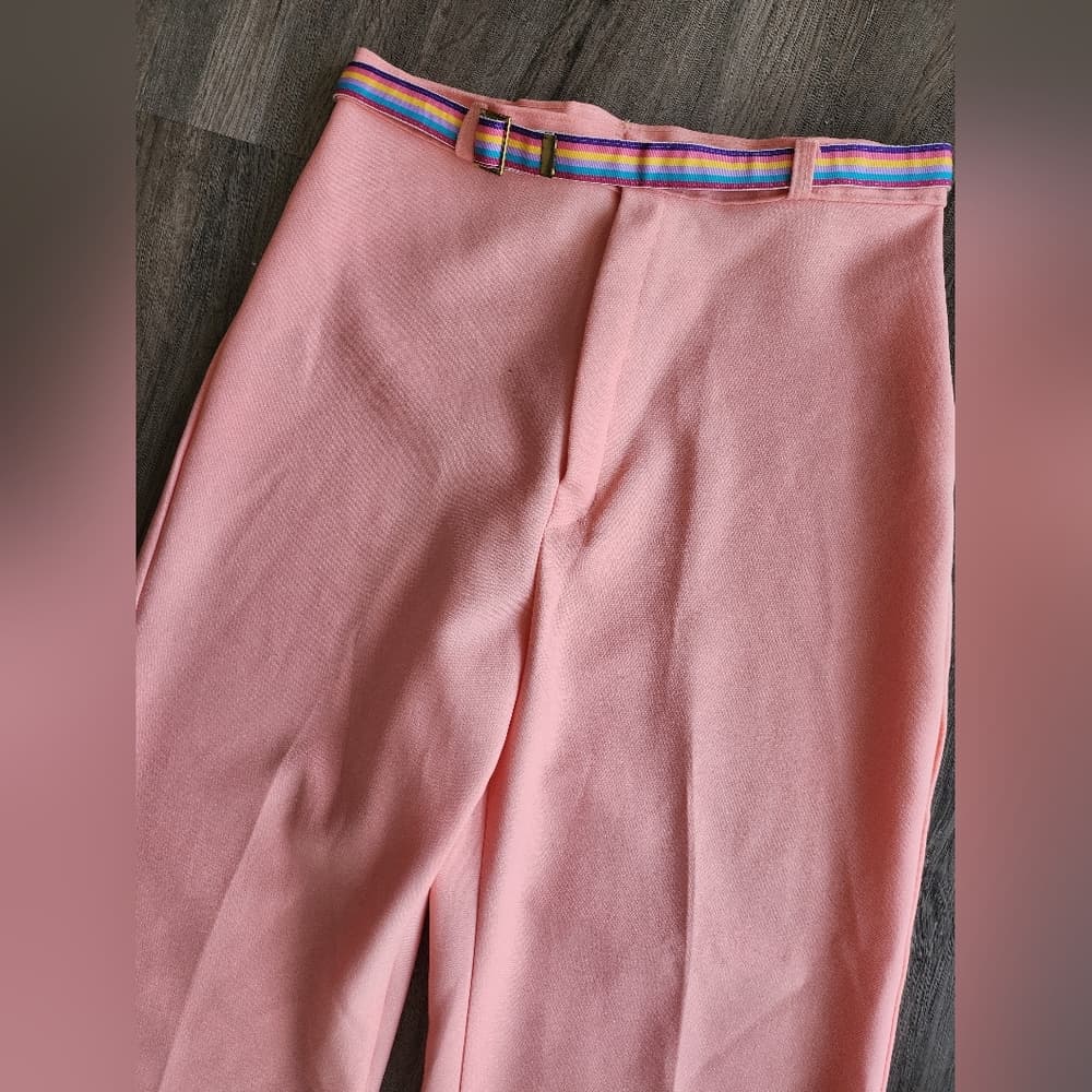 Vintage Chic Pink Polyester Trousers With Rainbow Belt - Thumbnail 2