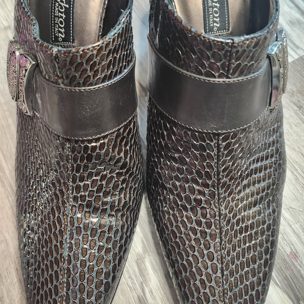Brighton Rhyme Metallic Textured Snake Print Italian Made Leather Slip On Heels - Thumbnail 7