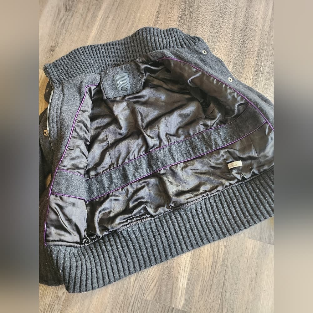 Express Thick Gray Wool Utility Military Style Jacket Zip Up With Stand Collar - Thumbnail 4