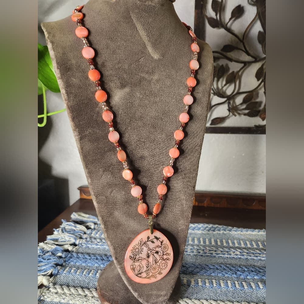 Vintage Coral Pink And Gold Etched Floral Pendant Statement Necklace - Thumbnail 12
