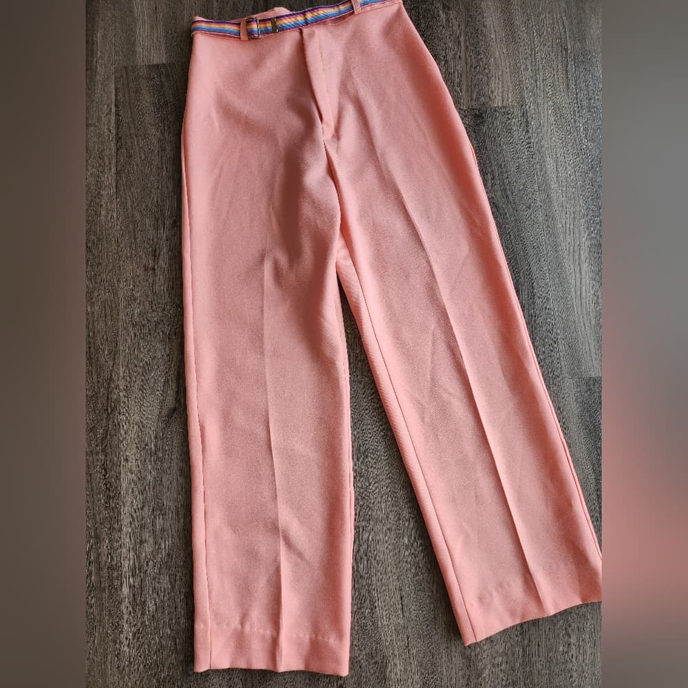 Vintage Chic Pink Polyester Trousers With Rainbow Belt