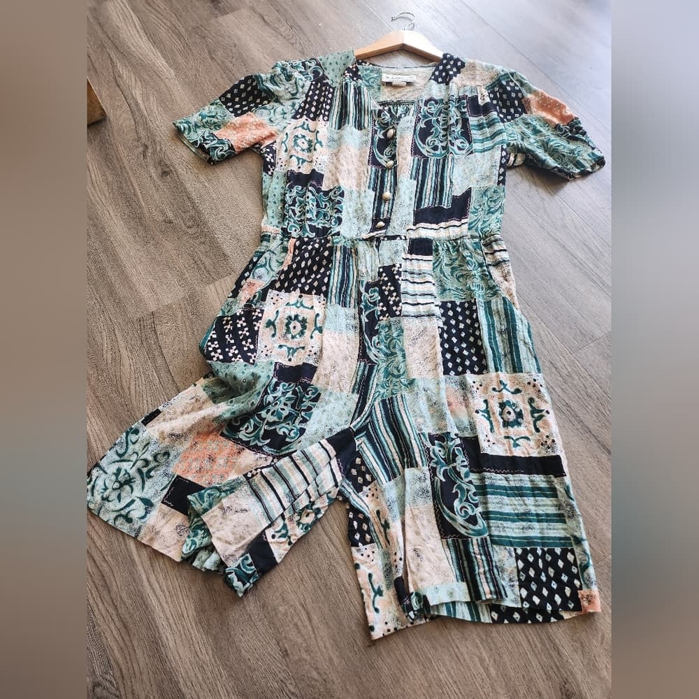 S.L. Fashions Vintage Multicolor Patchwork Patterned Romper Dress - Thumbnail 6