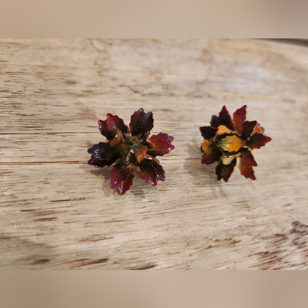 Vintage Air Brushed Enameled Floral Clip On Earrings - Thumbnail 2