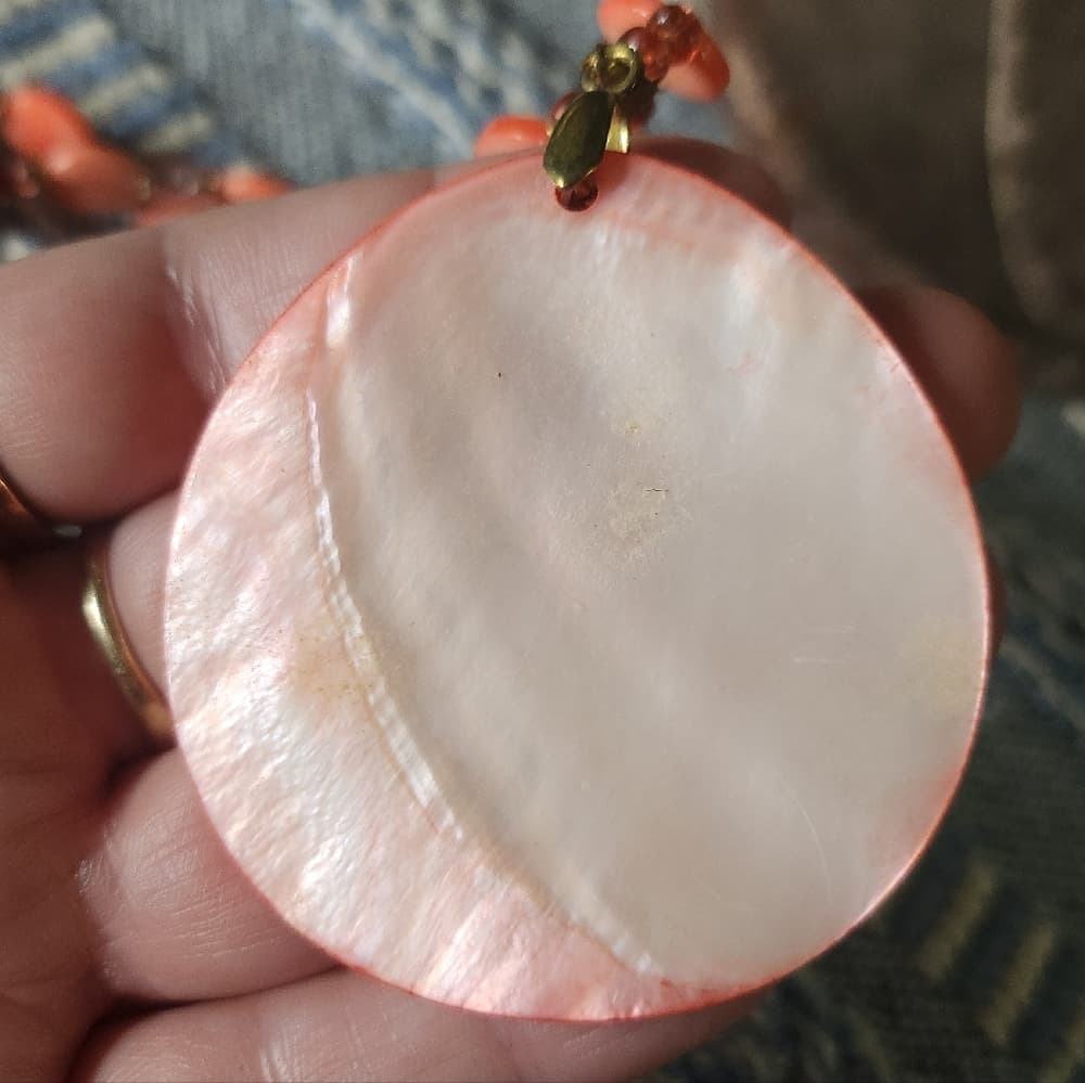 Vintage Coral Pink And Gold Etched Floral Pendant Statement Necklace - Thumbnail 9