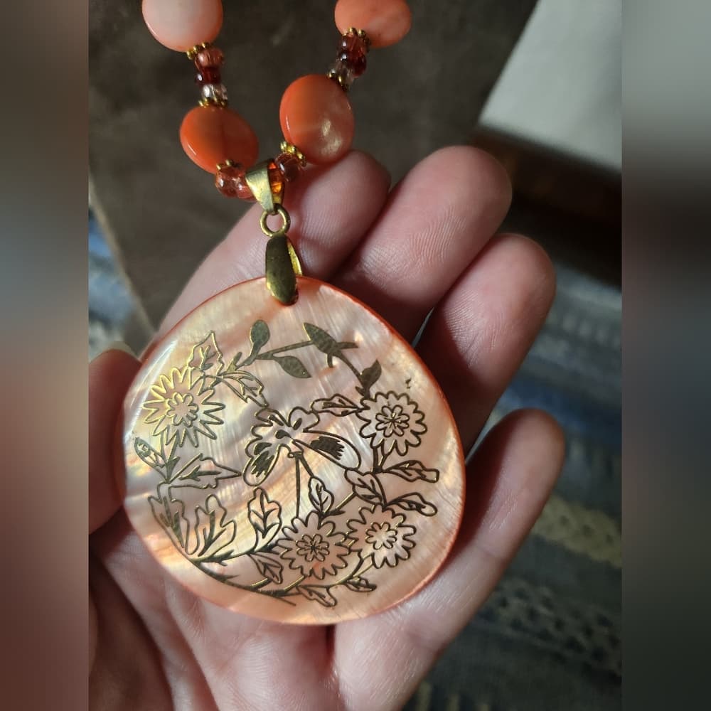 Vintage Coral Pink And Gold Etched Floral Pendant Statement Necklace - Thumbnail 2