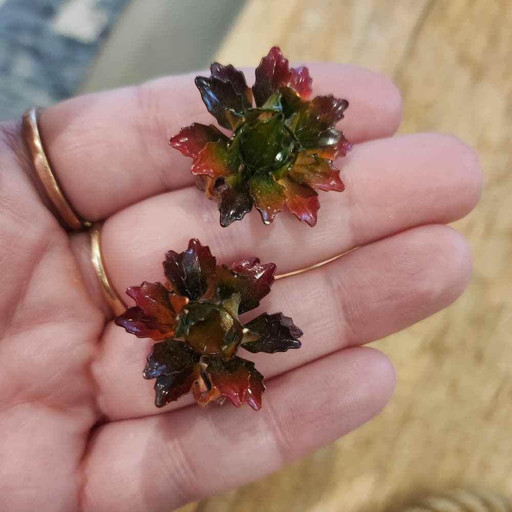 Vintage Air Brushed Enameled Floral Clip On Earrings - Thumbnail 3