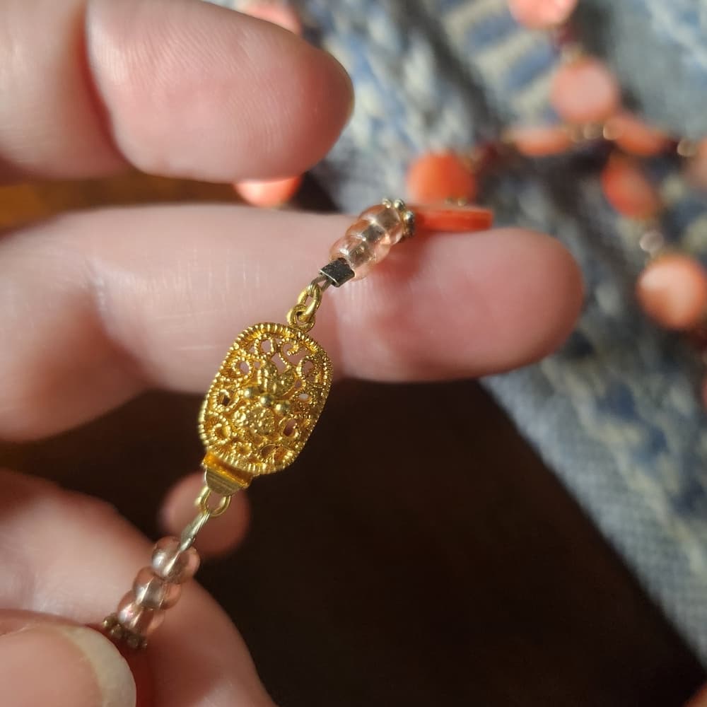 Vintage Coral Pink And Gold Etched Floral Pendant Statement Necklace - Thumbnail 6