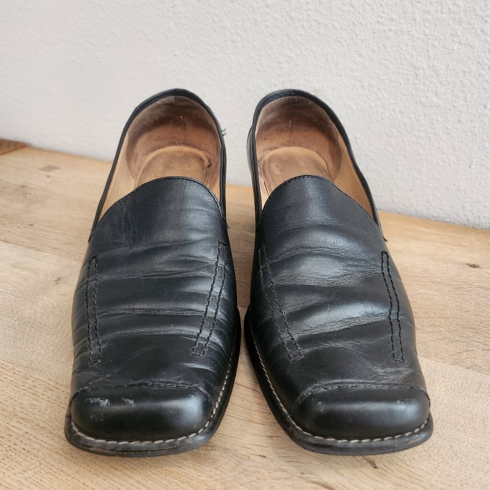 Vintage Novapiel Classic Black Leather Loafers Block Heel Square Toe - Thumbnail 2