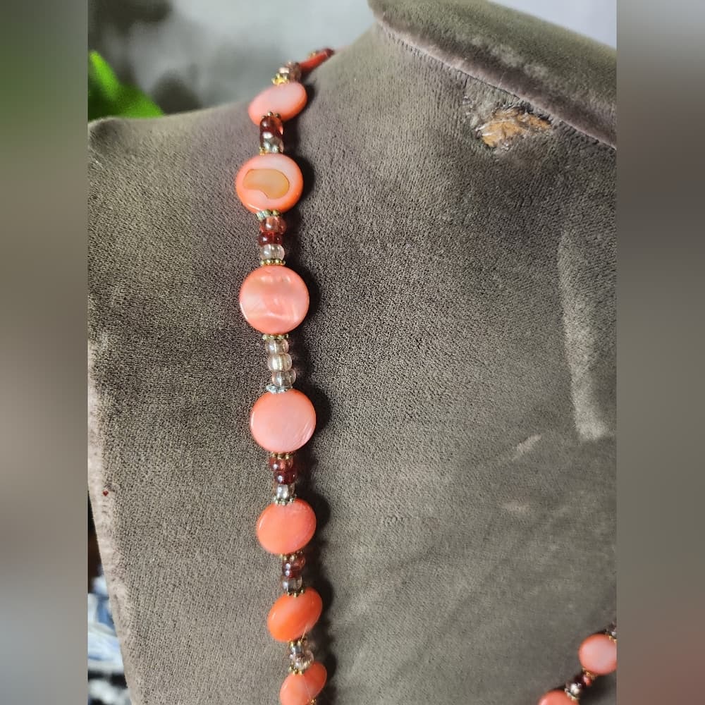 Vintage Coral Pink And Gold Etched Floral Pendant Statement Necklace - Thumbnail 4
