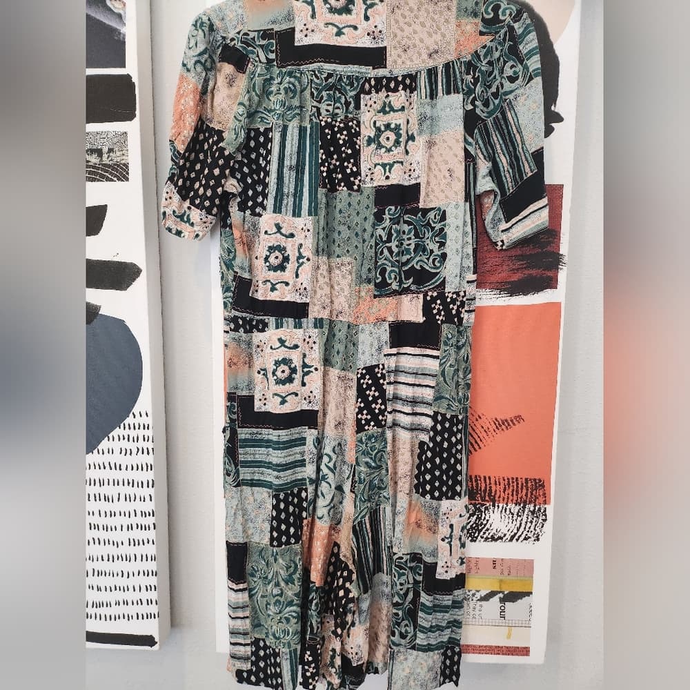 S.L. Fashions Vintage Multicolor Patchwork Patterned Romper Dress - Thumbnail 7