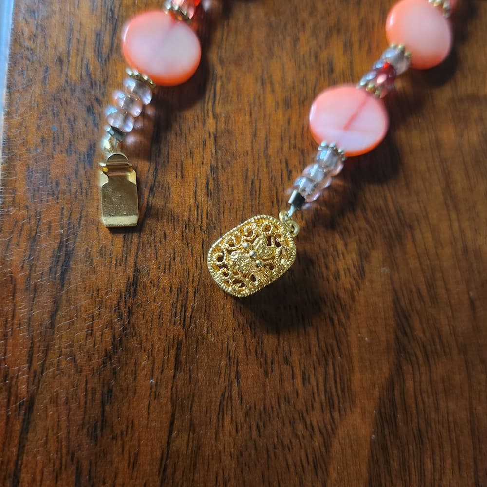 Vintage Coral Pink And Gold Etched Floral Pendant Statement Necklace - Thumbnail 8