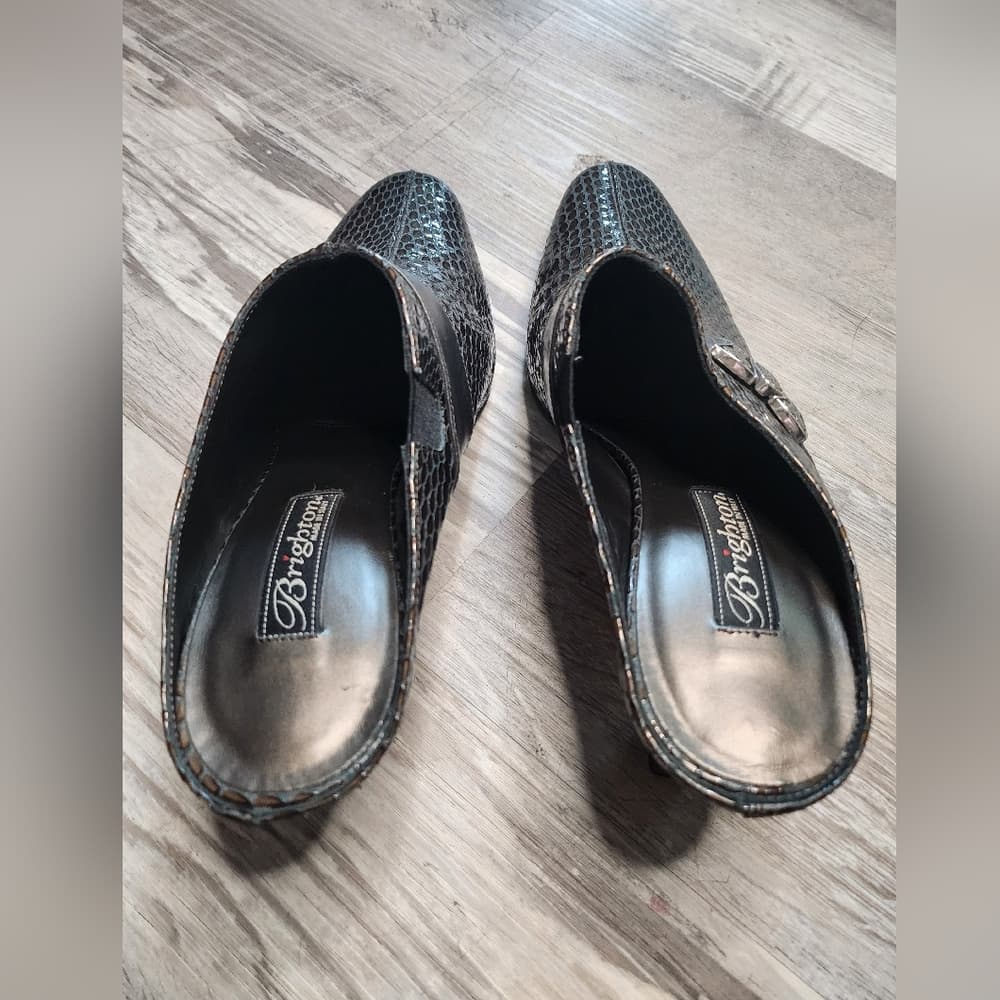 Brighton Rhyme Metallic Textured Snake Print Italian Made Leather Slip On Heels - Thumbnail 3
