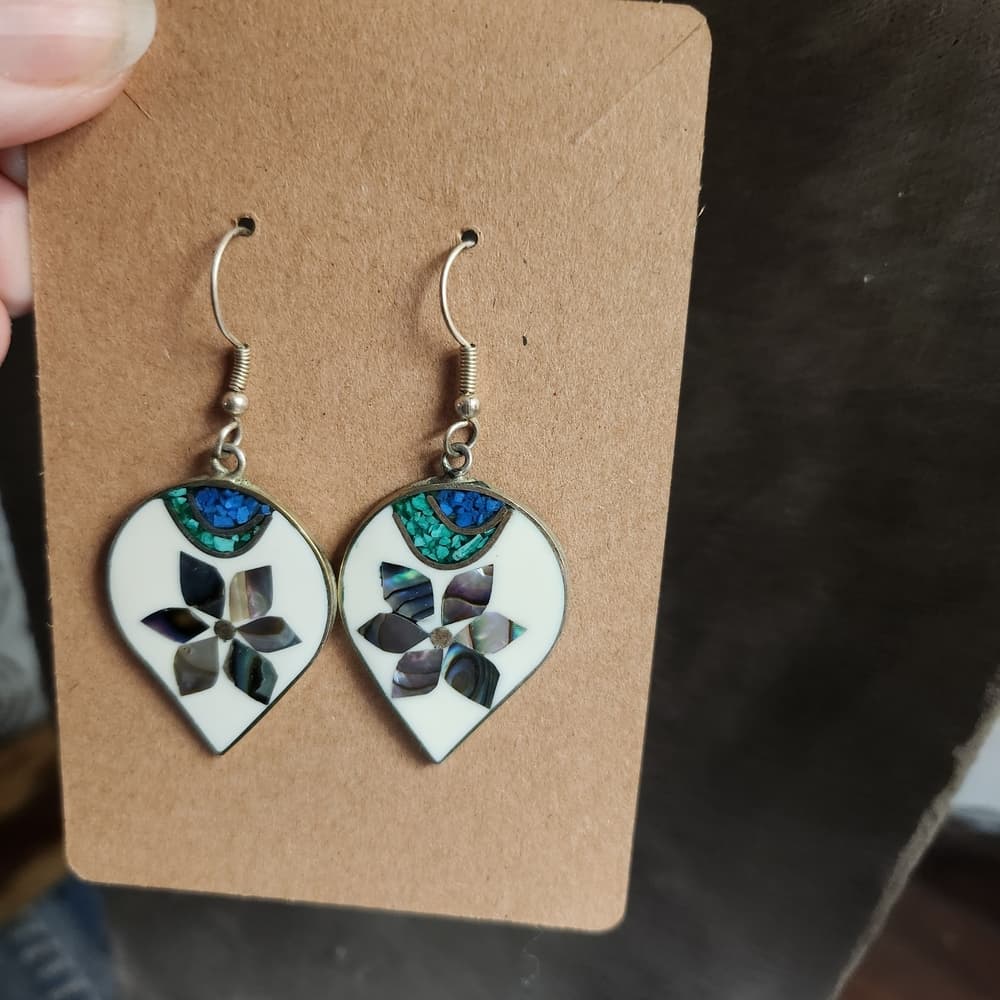 Vintage Alpaca Silver Shell Floral Turquoise Inlay Teardrop Dangle Earrings - Thumbnail 5