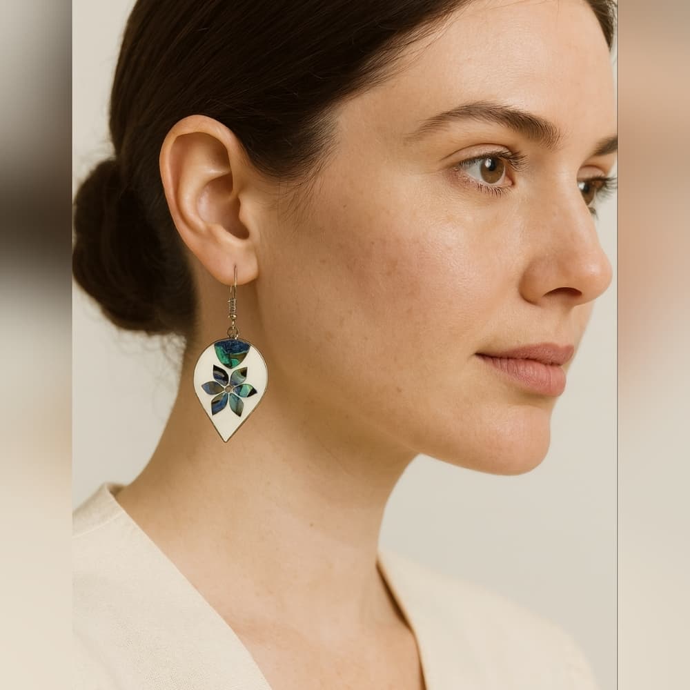 Vintage Alpaca Silver Shell Floral Turquoise Inlay Teardrop Dangle Earrings - Thumbnail 6