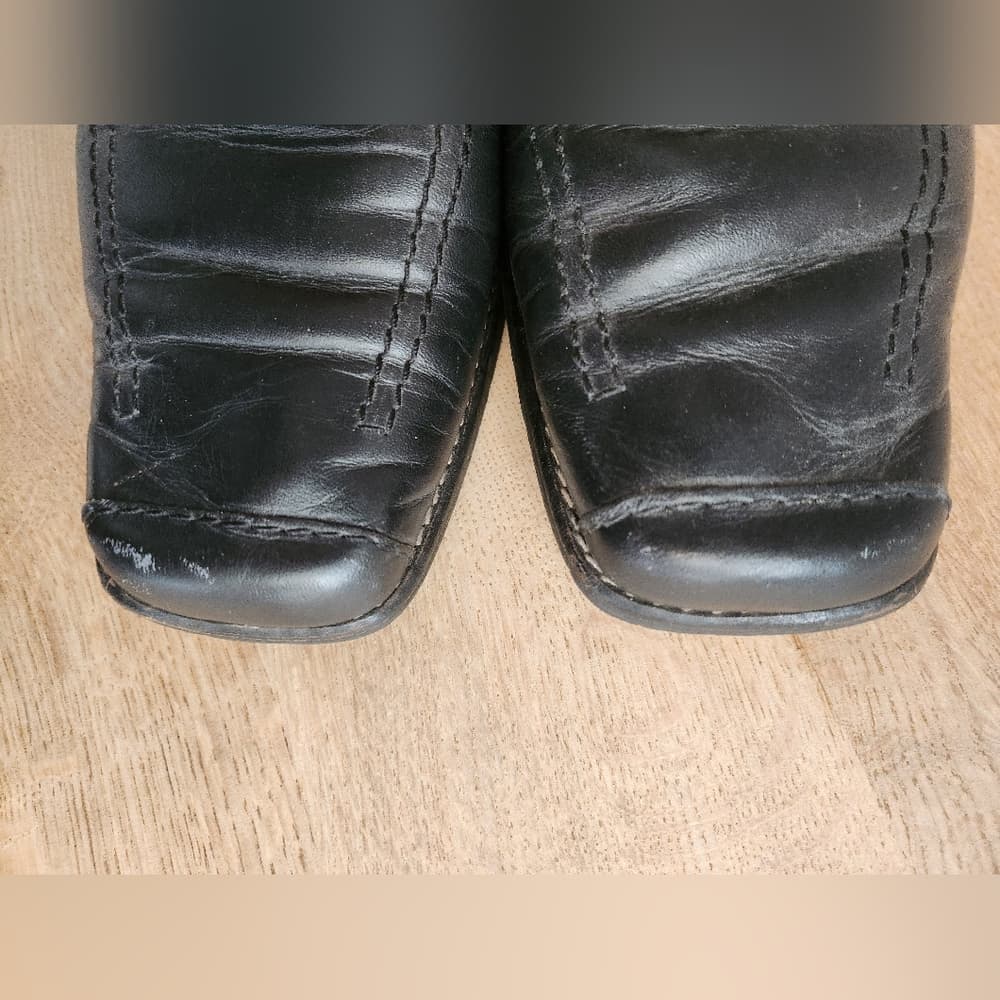 Vintage Novapiel Classic Black Leather Loafers Block Heel Square Toe - Thumbnail 8