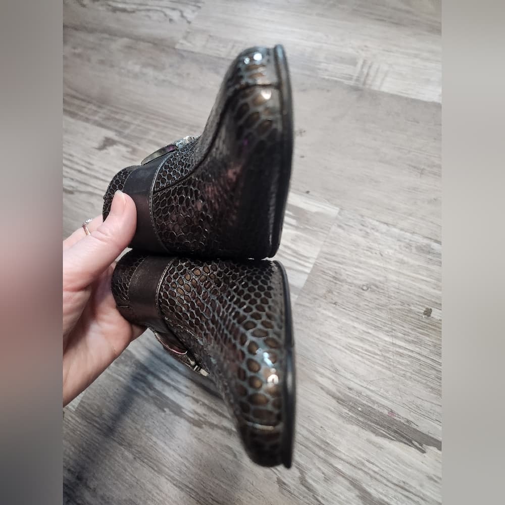 Brighton Rhyme Metallic Textured Snake Print Italian Made Leather Slip On Heels - Thumbnail 10