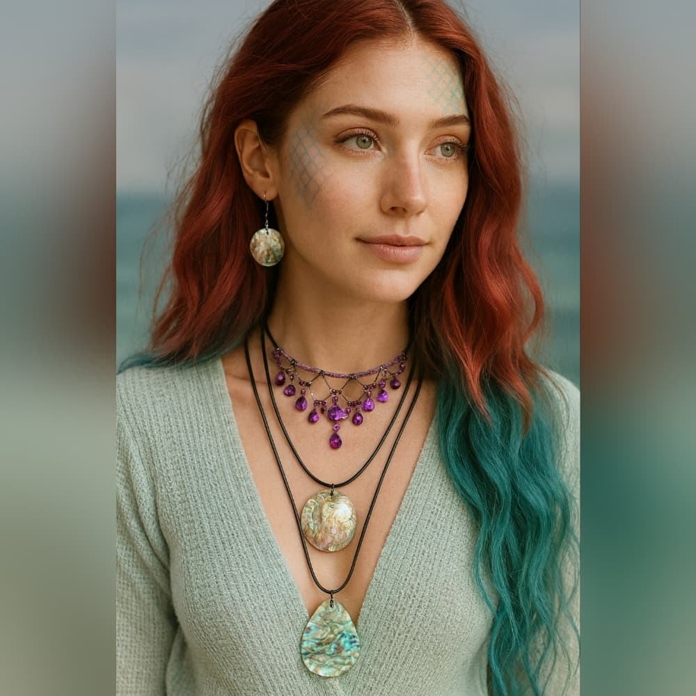 Purple Wire Chandelier Choker And Abalone Shell Pendant Necklace Mermaid Stack