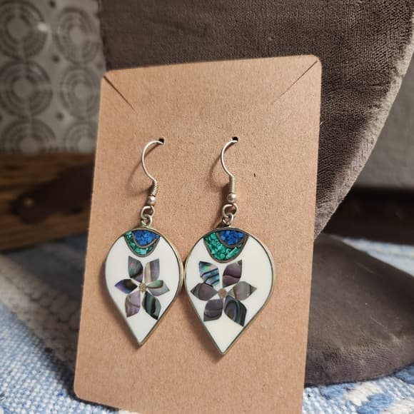 Vintage Alpaca Silver Shell Floral Turquoise Inlay Teardrop Dangle Earrings - Thumbnail 8