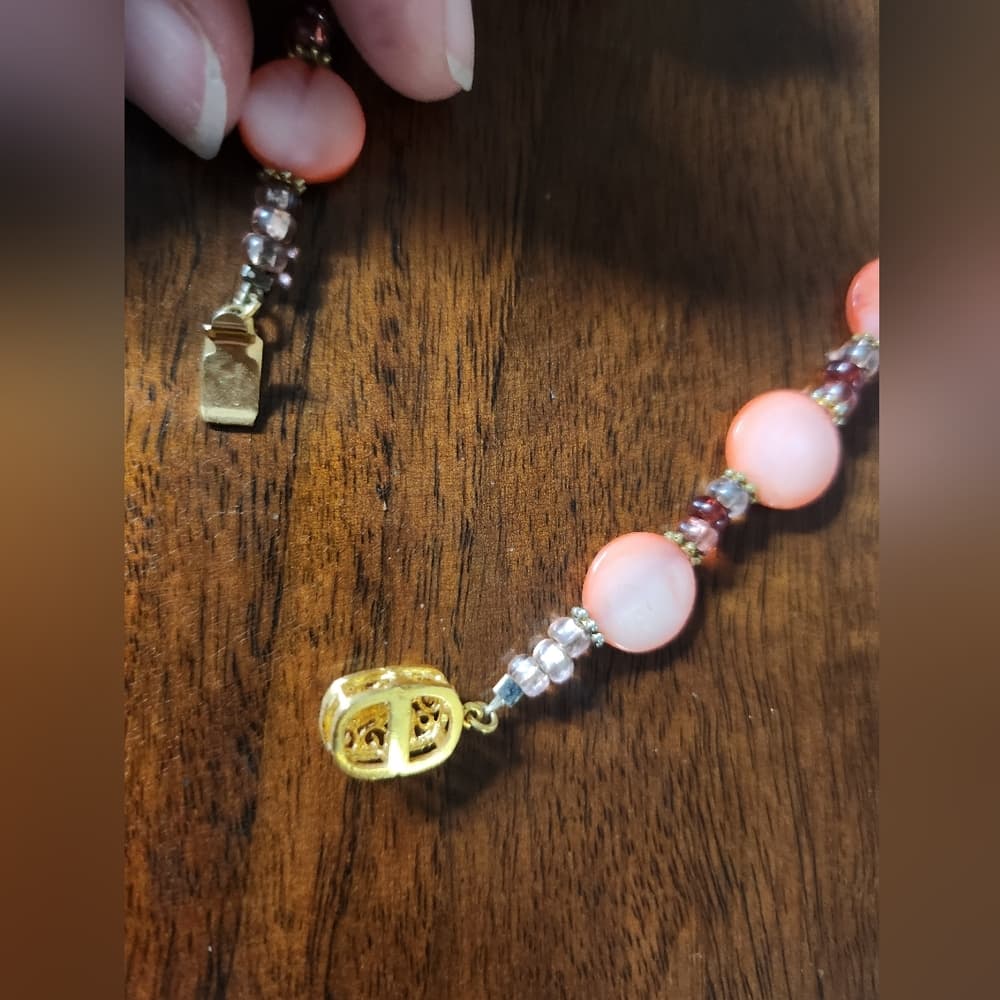 Vintage Coral Pink And Gold Etched Floral Pendant Statement Necklace - Thumbnail 7