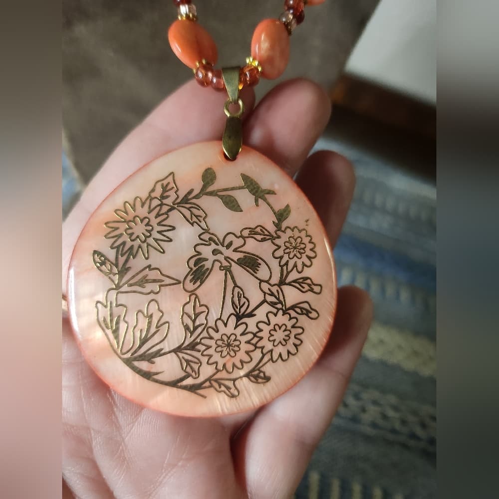 Vintage Coral Pink And Gold Etched Floral Pendant Statement Necklace