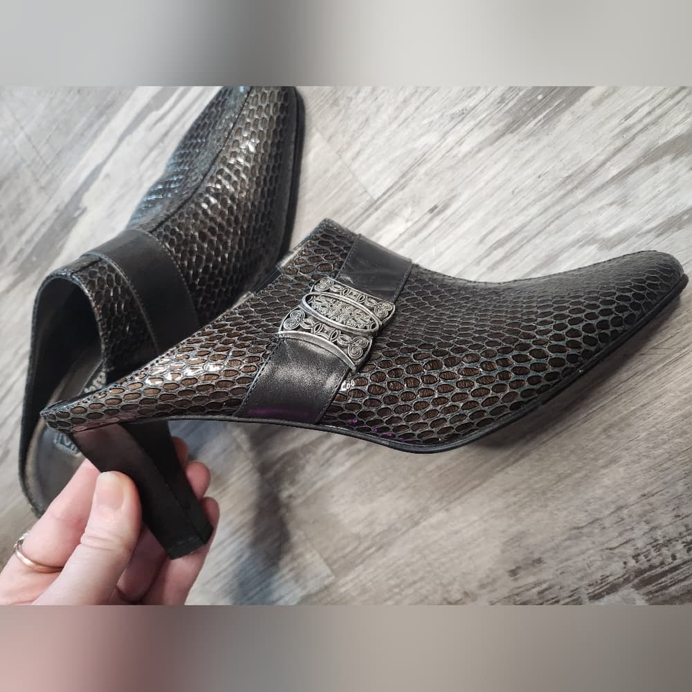 Brighton Rhyme Metallic Textured Snake Print Italian Made Leather Slip On Heels