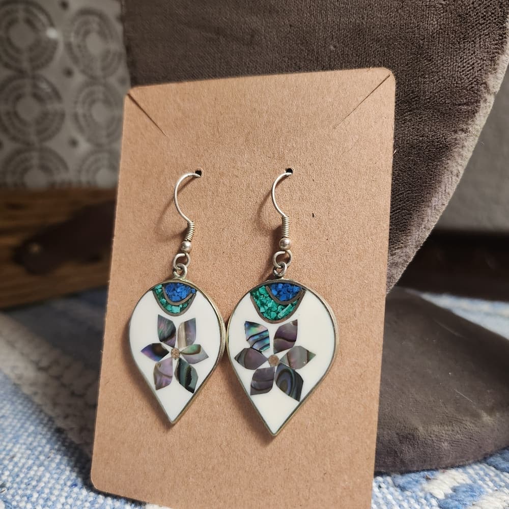 Vintage Alpaca Silver Shell Floral Turquoise Inlay Teardrop Dangle Earrings - Thumbnail 7