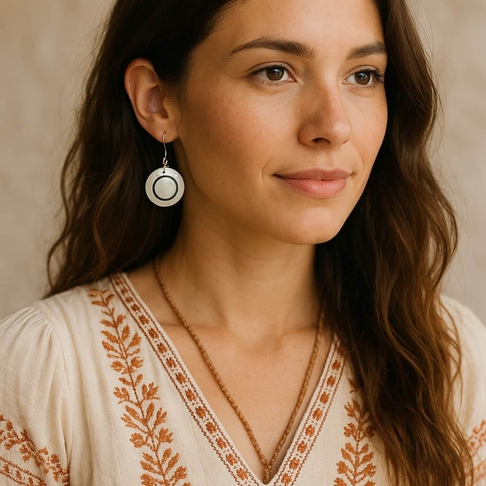 Chic Boho Round MOP Shell Disc Dangle Earrings White And Black Luster - Thumbnail 5