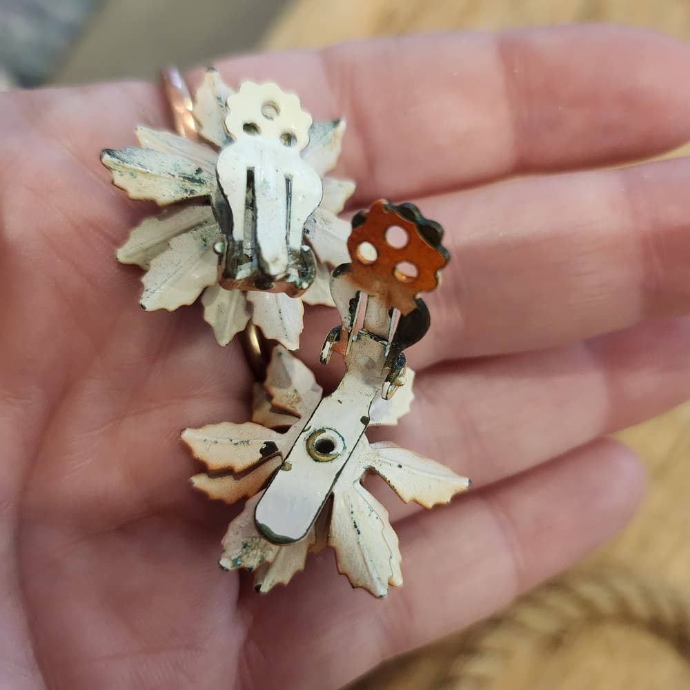 Vintage Air Brushed Enameled Floral Clip On Earrings - Thumbnail 4