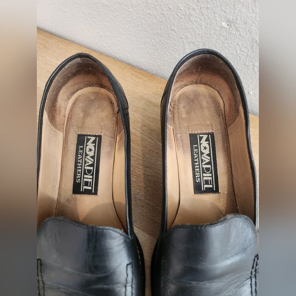 Vintage Novapiel Classic Black Leather Loafers Block Heel Square Toe - Thumbnail 4