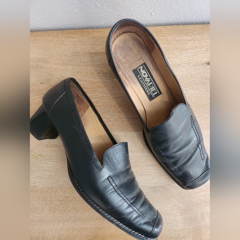 Vintage Novapiel Classic Black Leather Loafers Block Heel Square Toe - Thumbnail 3