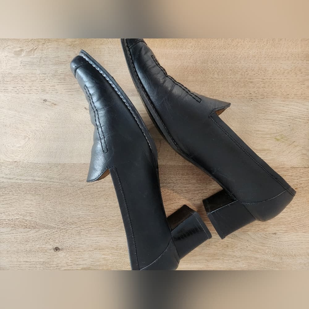 Vintage Novapiel Classic Black Leather Loafers Block Heel Square Toe - Thumbnail 7
