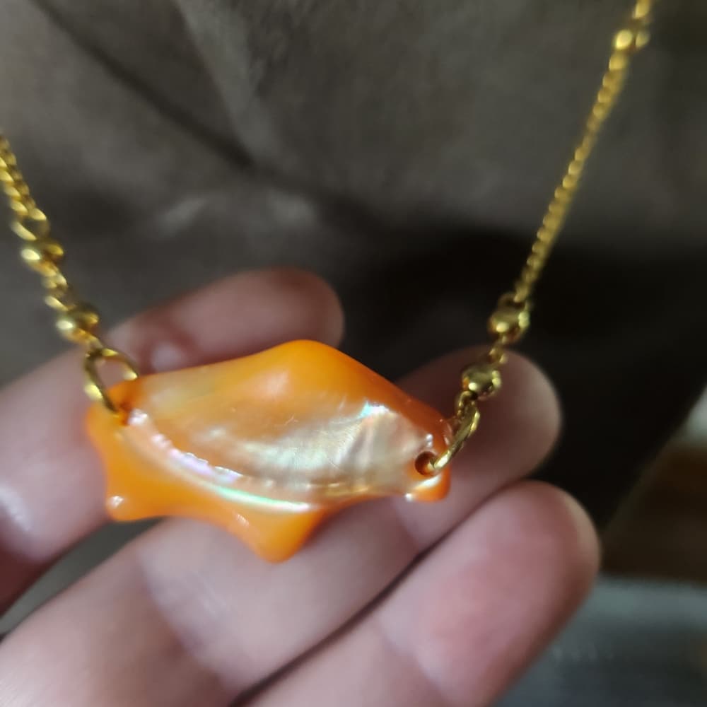 Gold + Orange Shell Choker With Rainbow Dyed Mother Of Pearl Rice Beaded Earring - Thumbnail 3