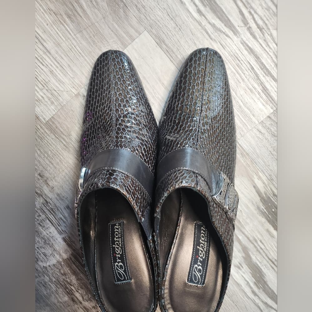Brighton Rhyme Metallic Textured Snake Print Italian Made Leather Slip On Heels - Thumbnail 12