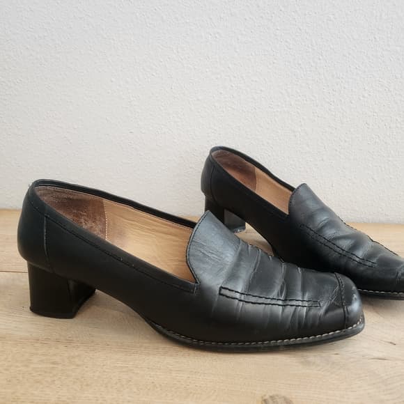 Vintage Novapiel Classic Black Leather Loafers Block Heel Square Toe - Thumbnail 11