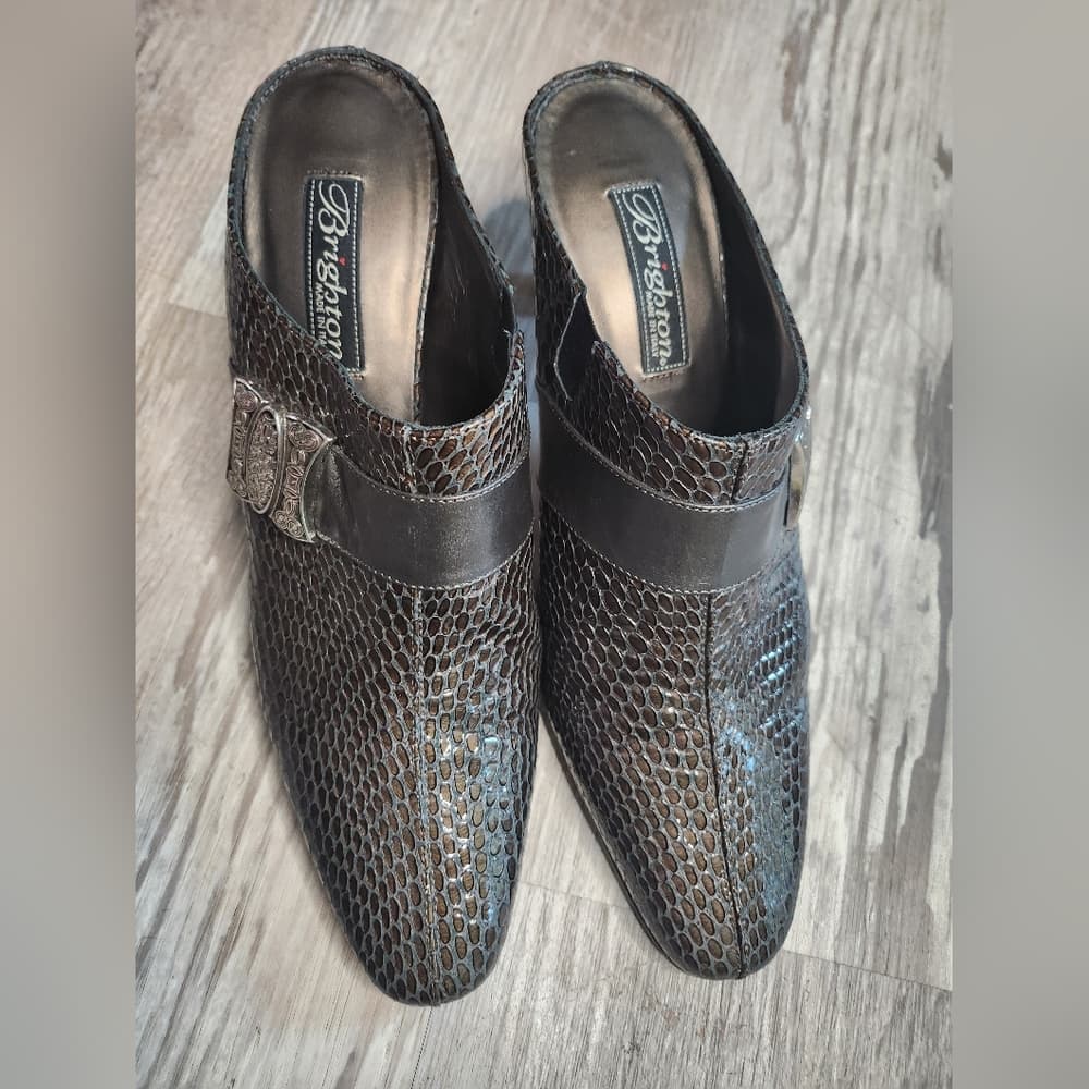 Brighton Rhyme Metallic Textured Snake Print Italian Made Leather Slip On Heels - Thumbnail 2