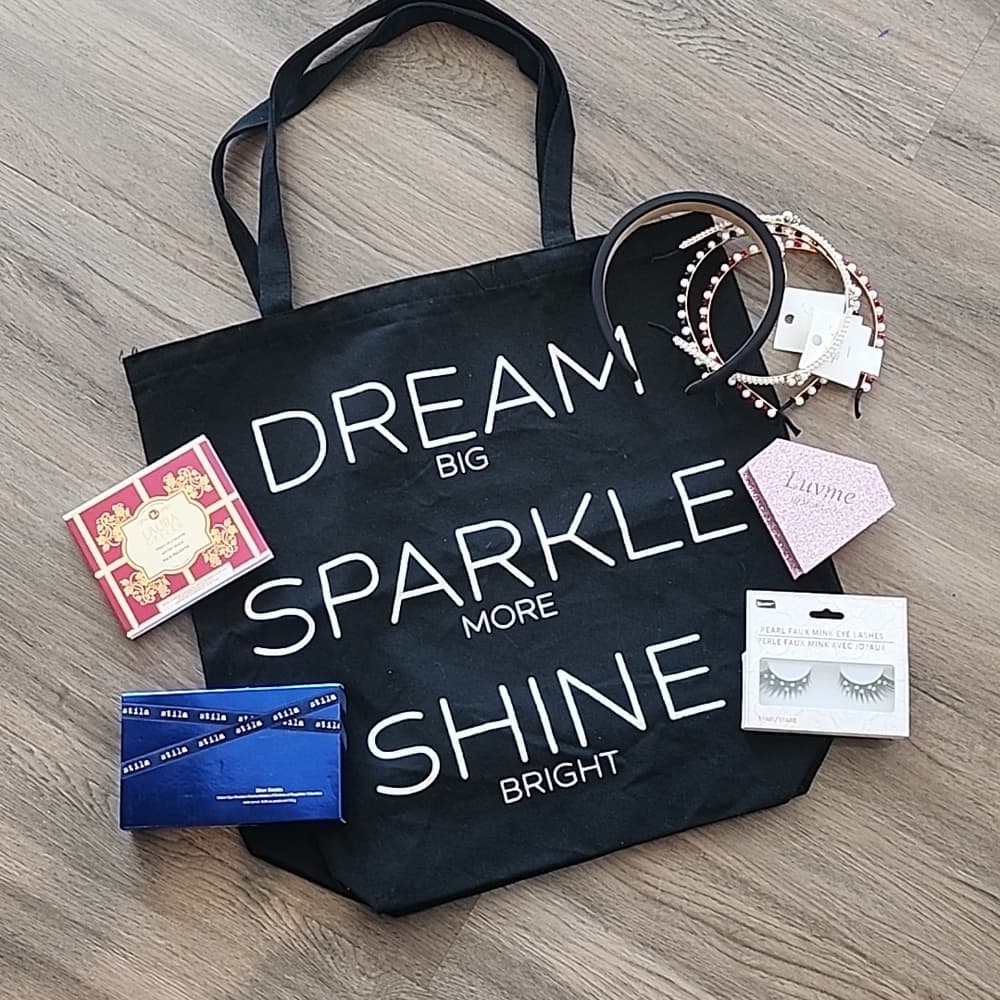 Beauty Bundle Black Tote Bag with Inspirational Print Make Up Hair Accessories - Thumbnail 9