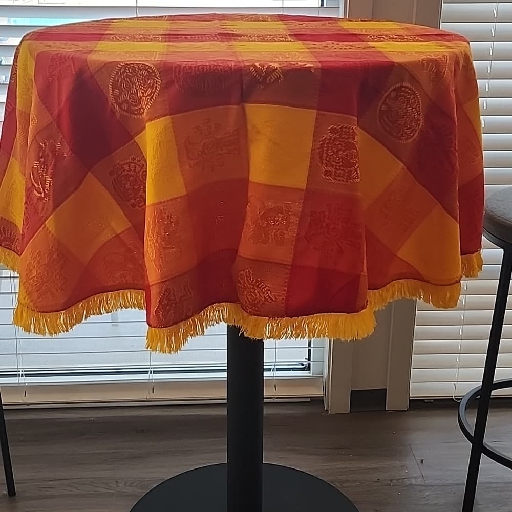 Vibrant Red and Yellow Rpund 56" Table Cloth Cover Checkered Aztec