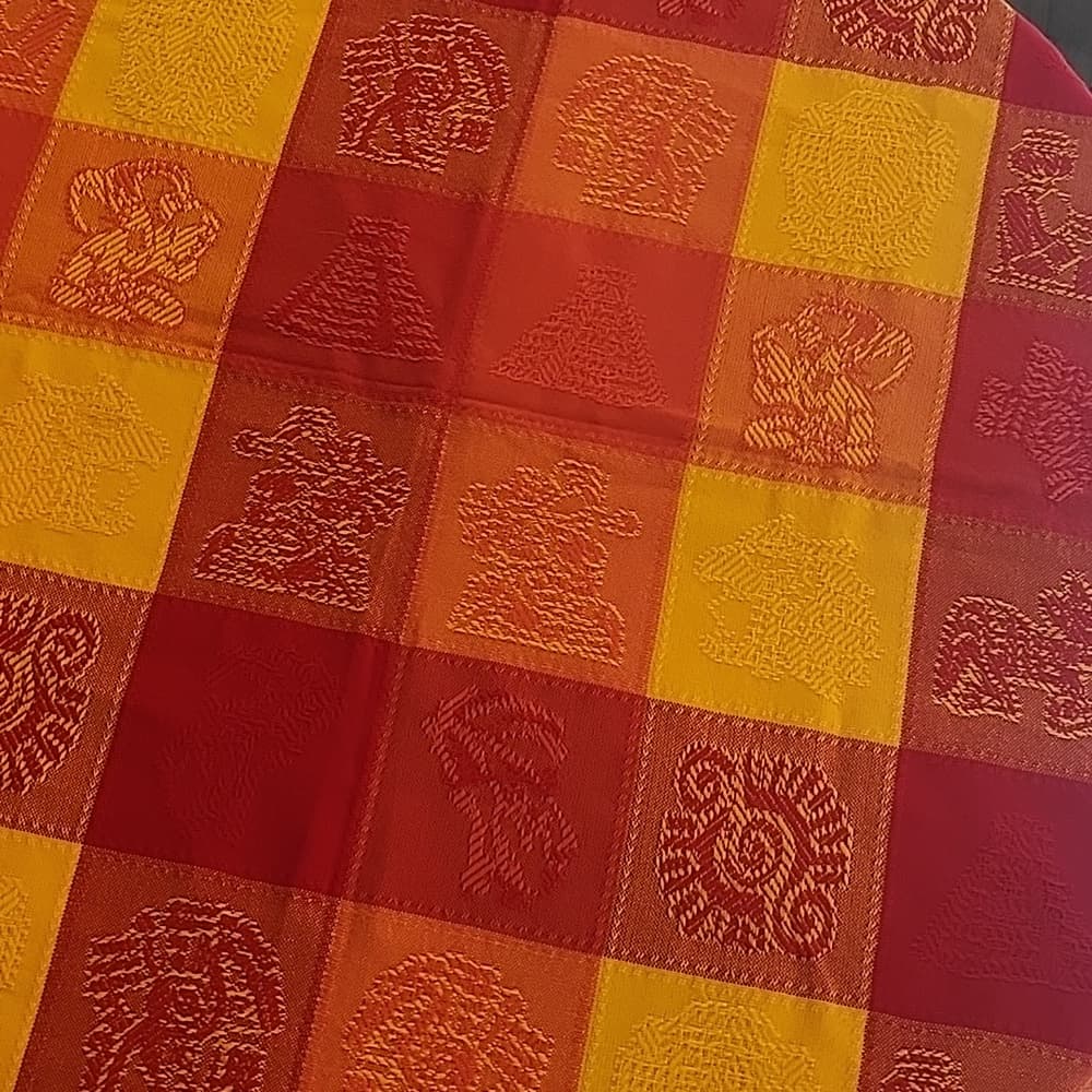 Vibrant Red and Yellow Rpund 56" Table Cloth Cover Checkered Aztec - Thumbnail 3
